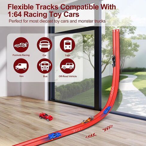 20 Ft Flexible Race Track Toys, Flex Race Car Ramp Track with 4 Race Cars & Suction Cups Rolls Up Portable DIY Race Track Anti Gravity Car Track Set, Kids Racecar Track Toy(Red in Saudi Arabia
