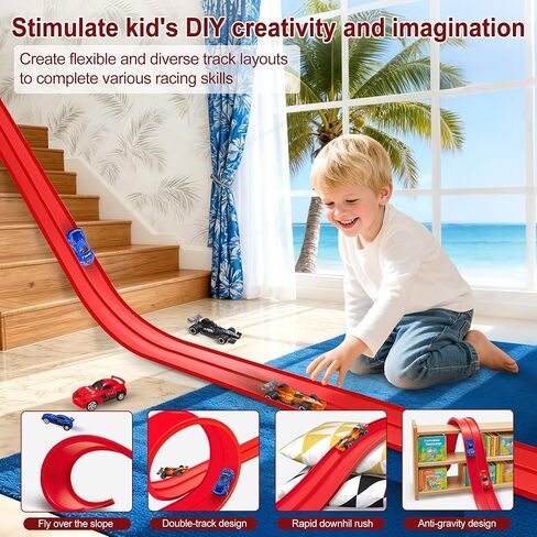 20 Ft Flexible Race Track Toys, Flex Race Car Ramp Track with 4 Race Cars & Suction Cups Rolls Up Portable DIY Race Track Anti Gravity Car Track Set, Kids Racecar Track Toy(Red in Saudi Arabia