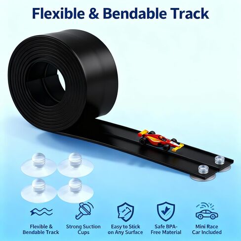 Flexible Race Car Track Toy for Kids – 4 Suction Cups, 2 Mini Cars, Dual-Lane Slot Track, Montessori Toy, 5M Long, Bendable Race Tracks, Black/Blue, STEM Gift for Toddlers 3+ (Blue) in Kuwait