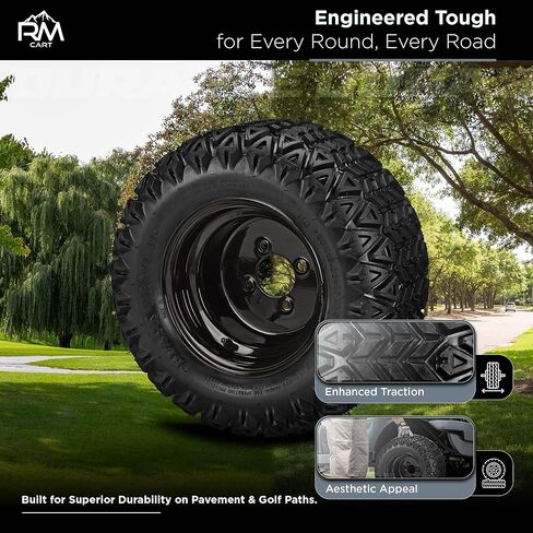 عربة RM مقاس 10 بوصات باللون الأبيض الصلب على إطارات 20x10.00-10 Black Trail II (مجموعة من 4) | مجموعة إطارات وعجلات عربة الجولف مع صواميل العروة القياسية in Kuwait