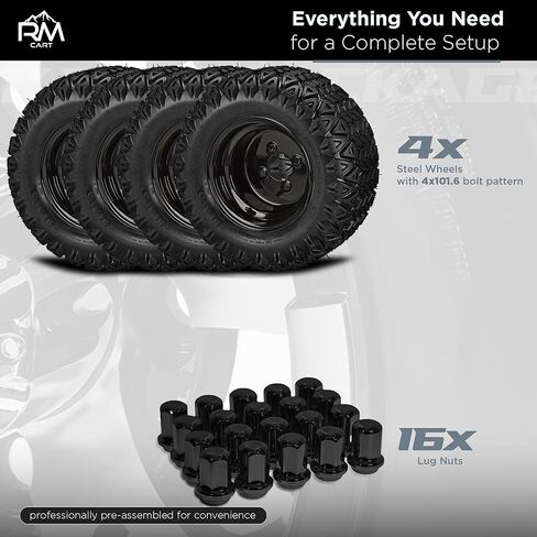 عربة RM مقاس 10 بوصات باللون الأبيض الصلب على إطارات 20x10.00-10 Black Trail II (مجموعة من 4) | مجموعة إطارات وعجلات عربة الجولف مع صواميل العروة القياسية in Kuwait