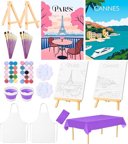 KEYBREE Paint and Sip Kit for Adults by Numbers – 2 Stretched Pre-Drawn Canvases, Wooden Easels, Acrylic Paints, Brushes, Palettes, Aprons & Table Cover | Couples Painting Kit, Perfect for Date Night in Saudi Arabia