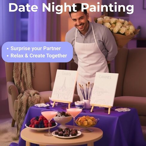 KEYBREE Paint and Sip Kit for Adults by Numbers – 2 Stretched Pre-Drawn Canvases, Wooden Easels, Acrylic Paints, Brushes, Palettes, Aprons & Table Cover | Couples Painting Kit, Perfect for Date Night in Saudi Arabia