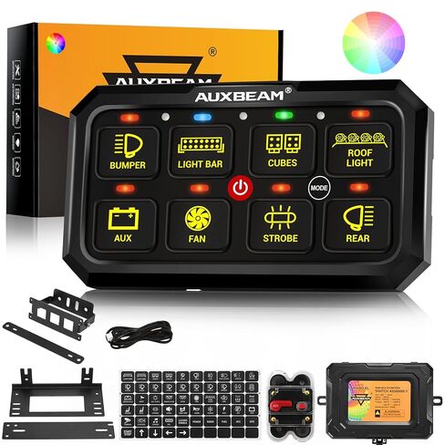 Auxbeam 8 Gang Switch Panel RA80 XL RGB Momentary Pulsed Toggle Switch Panel, Dimmable Backlight Multifunction Switch Panel with Memory Function for 12-24V Truck Offroad Car Marine, 2 Years Warranty in Saudi Arabia