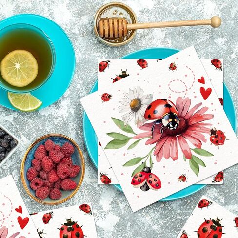 40Pcs Ladybug Disposable Paper Napkins Fancy Cute Ladybug Lunch Dinner Tableware Disposable Paper Napkin Black White Red Little Lady Beetle Flower Party Themed for Birthday Shower Party Supplies in Saudi Arabia