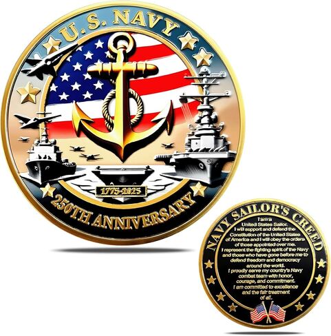 عملة تحدي الذكرى السنوية الـ 250 للبحرية الأمريكية - 1.77 بوصة مطلية بالذهب على الوجهين قابلة للتحصيل العسكري - عملة معدنية عالية الإغاثة من سبائك الزنك للمحاربين القدامى والبحارة وأنصار البحرية - هدية تذكارية للمحاربين القدامى in Kuwait