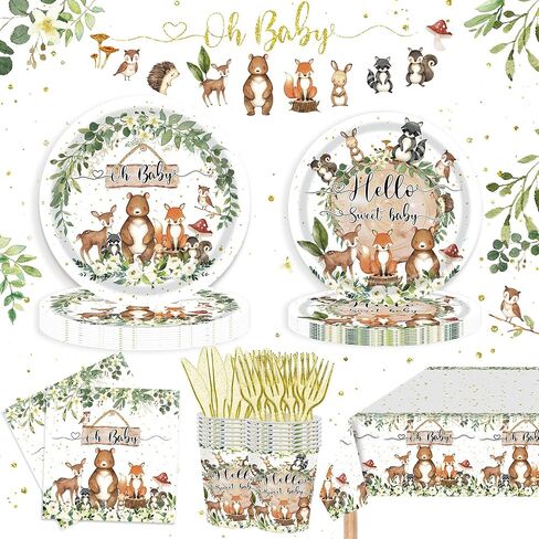 122PCS Woodland Baby Shower Party Supplies for Boys Girls Safari Jungle Wild Animal Party Decorations Nature Sage Plates Napkin Cups Forks Knives Banner Tablecloth Tableware Set for 20 Guests in Kuwait