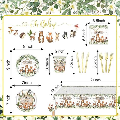 122PCS Woodland Baby Shower Party Supplies for Boys Girls Safari Jungle Wild Animal Party Decorations Nature Sage Plates Napkin Cups Forks Knives Banner Tablecloth Tableware Set for 20 Guests in Kuwait