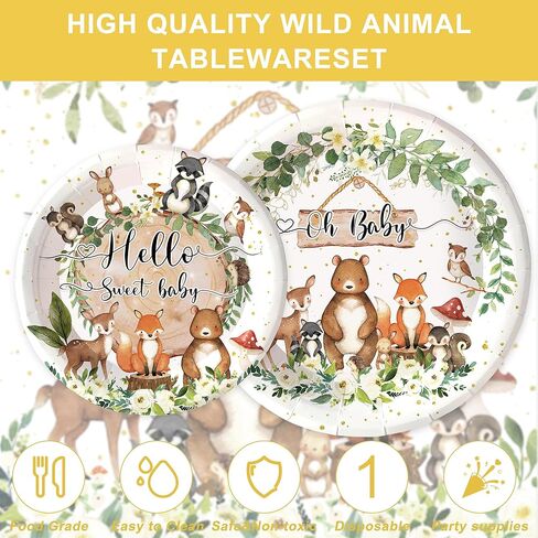 122PCS Woodland Baby Shower Party Supplies for Boys Girls Safari Jungle Wild Animal Party Decorations Nature Sage Plates Napkin Cups Forks Knives Banner Tablecloth Tableware Set for 20 Guests in Kuwait