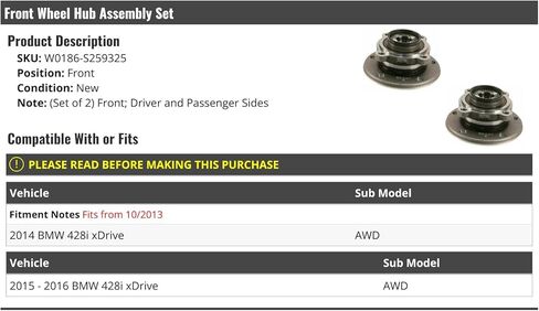 مجموعة تجميع محور العجلة الأمامية مكونة من قطعتين - متوافقة مع 2014-2016 BMW 428i xDrive AWD (يناسب إنتاج المركبات 10/2013) in Saudi Arabia