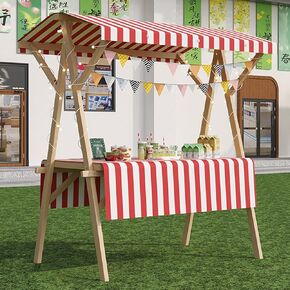Red Wood Frame Vendor Cart with Wheels, Foldable Outdoor Concession Stand Booth for Street/Farmers Market/Fairs Vending Display Counters, Commercial Kiosk Stalls(A - with Wheels,W 150CM/59in) in Saudi Arabia