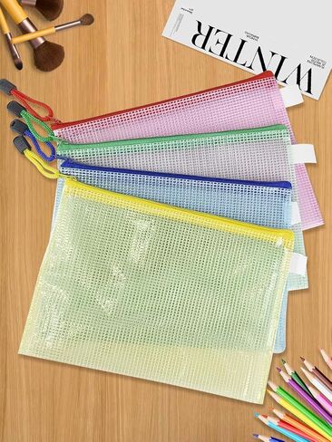 4 Pcs Zipper File Bags, Waterproof Plastic Mesh Pouch for Office, Board Game Storage Bags (A4 Size 13.4''x9.4'', Multicolored) in Saudi Arabia
