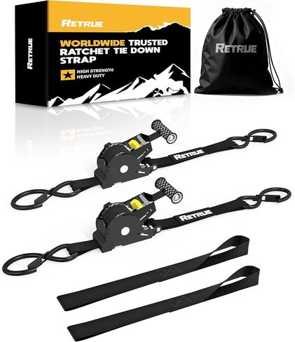 RETRUE Heavy Duty Self-Retracting Ratchet Straps, 10 Feet Retractable Ratchet Tie Down Straps with 1,500lb Break Strength for Trailers, Motorcycles, ATVs, Moving, Cargo Handling & More, Black (2 Pack) in Kuwait