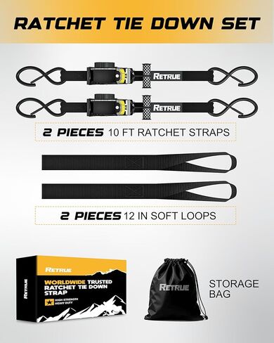 RETRUE Heavy Duty Self-Retracting Ratchet Straps, 10 Feet Retractable Ratchet Tie Down Straps with 1,500lb Break Strength for Trailers, Motorcycles, ATVs, Moving, Cargo Handling & More, Black (2 Pack) in Kuwait
