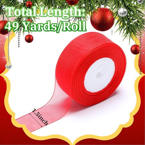 4 Rolls 196 Yards Christmas Organza Ribbon Christmas Red Green Chiffon Ribbons 1.5 Inches for Wreaths Craft Gift Wrapping Party Decorations DIY Supplies in Saudi Arabia