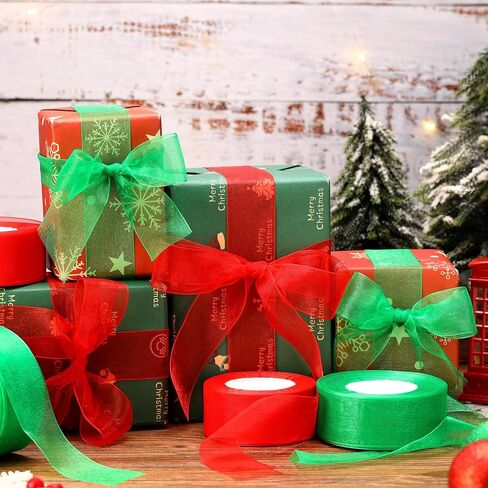 4 Rolls 196 Yards Christmas Organza Ribbon Christmas Red Green Chiffon Ribbons 1.5 Inches for Wreaths Craft Gift Wrapping Party Decorations DIY Supplies in Saudi Arabia