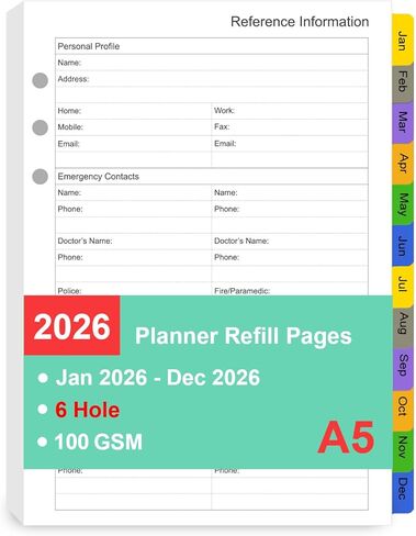 Tiankool 2026 Planner Refill for A5 6-Ring Binder,Weekly & Monthly Planner Inserts Runs from Jan 2026 to Dec 2026, 5-3/4" x 8-1/4" in Saudi Arabia