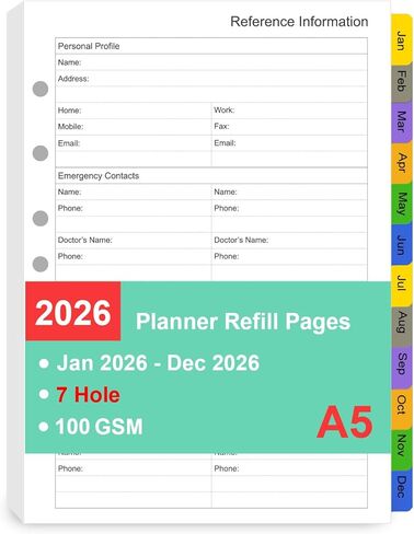 Tiankool 2026 Planner Refill for A5 6-Ring Binder,Weekly & Monthly Planner Inserts Runs from Jan 2026 to Dec 2026, 5-3/4" x 8-1/4" in Saudi Arabia
