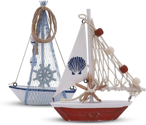 2 PCS Wooden Sailboat Decor, Mini Handcrafted Coastal Decor for Home, Miniature Sailing Boat Ornaments, Rustic Beach Bathroom Accessories for Bedroom (Blue) in Saudi Arabia