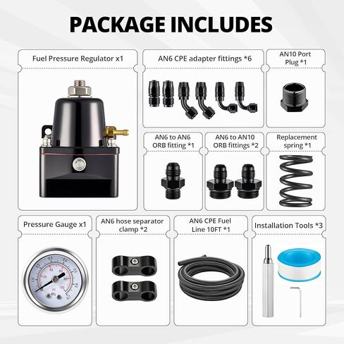 EVIL ENERGY EFI Fuel Pressure Regulator Kit Adjustable (20-120PSI) with Gauge 6AN CPE Fuel Line Hose Fitting Connectors Kit Universal Aluminum (black) in Saudi Arabia