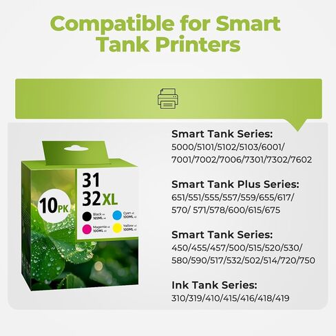 31 32XL Ink Bottle Set, Smart Tank 7602 5101 6001 651 Ink Refill Compatible with HP 31 Ink 32XL Black Ink Bottle Set for Smart Tank 5101 7602 5000 651 5103 6001 7301 7001 7302 5102 7002 7006 Printers in Kuwait
