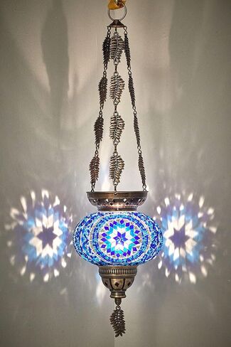 DEMMEX Turkish Moroccan Colorful Mosaic Bohemian Boho Hanging Candle Holder Lantern with Handmade Colorful Glass Globe and Metal Leaf Chains, 24" (Cutsie) in Kuwait