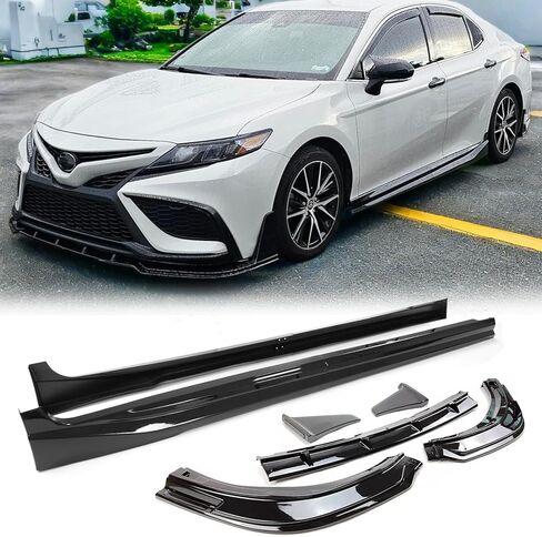 الشفة الأمامية المصد 3 قطع وامتدادات التنانير الجانبية 4 قطع لسيارة Toyota Camry SE XSE 2018-2024 8th 8.5th Yofer Style أطقم الجسم بالكامل (أسود لامع، لكامري 2018-2024) in Kuwait