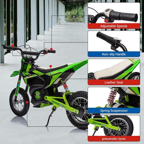 garveelife 24v للأطفال ركوب على دراجة نارية كهربائية على الطرق الوعرة، محرك 250 واط 13.6 ميل في الساعة سرعة الدراجة الترابية موتوكروس، مقعد جلدي، خنق قبضة ملتوية، تعليق معدني، إطارات مملوءة بالهواء للأطفال لعبة ركوب الخيل، أزرق in Kuwait