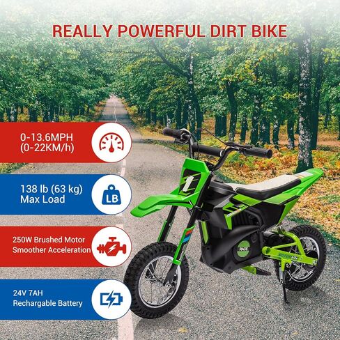 garveelife 24v للأطفال ركوب على دراجة نارية كهربائية على الطرق الوعرة، محرك 250 واط 13.6 ميل في الساعة سرعة الدراجة الترابية موتوكروس، مقعد جلدي، خنق قبضة ملتوية، تعليق معدني، إطارات مملوءة بالهواء للأطفال لعبة ركوب الخيل، أزرق in Kuwait
