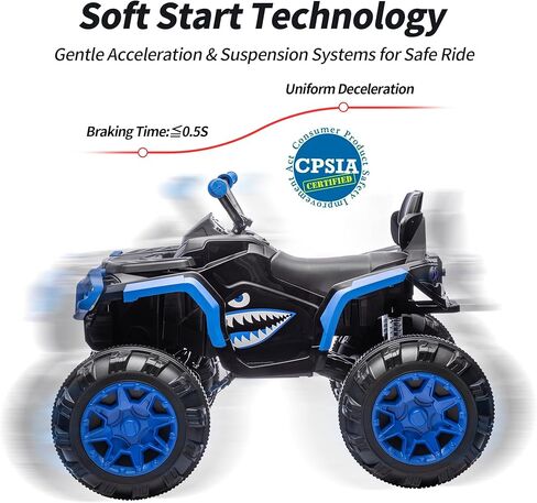 Shark Kids ATV 4 Wheeler، 24V 4WD لعبة ركوب ATV الكهربائية للأطفال الكبار، محرك 4X200W، السرعة القصوى 5.6 ميل في الساعة - أزرق in Kuwait