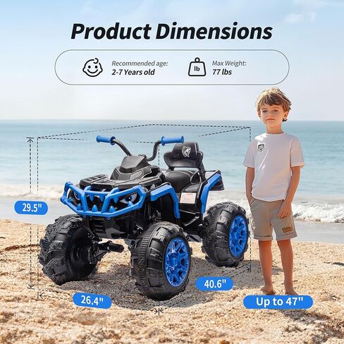 Shark Kids ATV 4 Wheeler، 24V 4WD لعبة ركوب ATV الكهربائية للأطفال الكبار، محرك 4X200W، السرعة القصوى 5.6 ميل في الساعة - أزرق in Kuwait