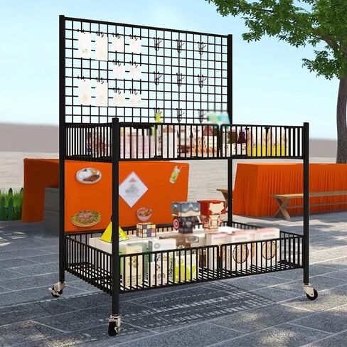 حامل عرض التجزئة من الأسلاك المعدنية المتدحرجة مع 4 عجلات و10 خطافات، عربة بائعي أغذية الشوارع المتنقلة لمعرض الحرف اليدوية/سوق السلع المستعملة/الأحداث، رف عرض لوحة الشبكة (أسود، 39 2/5 بوصة) in Kuwait