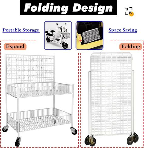 حامل عرض التجزئة من الأسلاك المعدنية المتدحرجة مع 4 عجلات و10 خطافات، عربة بائعي أغذية الشوارع المتنقلة لمعرض الحرف اليدوية/سوق السلع المستعملة/الأحداث، رف عرض لوحة الشبكة (أسود، 39 2/5 بوصة) in Kuwait