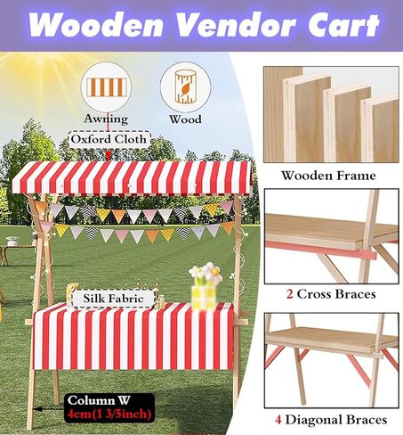 عربة طعام خشبية على عجلات، حامل عرض كشك متحرك لأكشاك الشوارع، بيع السوق، كشك، عربات طاولة البائع الدائمة على الأرض، عملية وخفيفة الوزن (أحمر، L 47 بوصة) in Kuwait