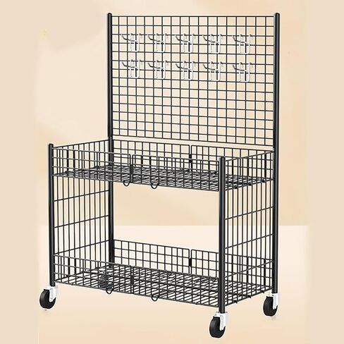 رف عرض حائط شبكي سلكي للبائعين باللون الأبيض والأسود، أرفف عربة دفع محمولة قابلة للطي على عجلات لعرض الفن/الحرف اليدوية/سوق المزارعين/كشك، كشك كشك البيع بالتجزئة (أسود، L 25 3/5 بوصة) in Kuwait