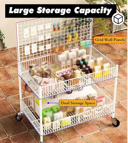 رف عرض حائط شبكي سلكي للبائعين باللون الأبيض والأسود، أرفف عربة دفع محمولة قابلة للطي على عجلات لعرض الفن/الحرف اليدوية/سوق المزارعين/كشك، كشك كشك البيع بالتجزئة (أسود، L 25 3/5 بوصة) in Kuwait