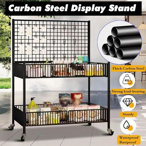 رف عرض حائط شبكي سلكي للبائعين باللون الأبيض والأسود، أرفف عربة دفع محمولة قابلة للطي على عجلات لعرض الفن/الحرف اليدوية/سوق المزارعين/كشك، كشك كشك البيع بالتجزئة (أسود، L 25 3/5 بوصة) in Kuwait