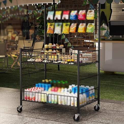 عربة بائع عملية مرنة للمناسبات والبيع بالتجزئة، لوحات جدارية شبكية، حامل معدني للشارع/المهرجانات/الشواطئ/سوق السلع المستعملة، كشك قابل للطي لسوق المزارعين (أسود، 31 1/2 بوصة) in Kuwait