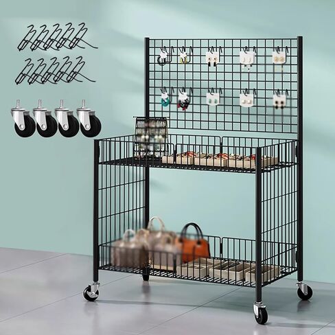 عربة عرض حرفية لسوق البرغوث لأحداث البائعين، رف حمل فني قابل للطي في الشوارع للبيع بالتجزئة - كشك عربة دفع محمول للأماكن الخارجية، مع عجلات (أسود، 39 2/5 بوصة) in Kuwait