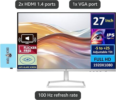 شاشة HP 24 بوصة FHD IPS (1920x1080) (تستبدل حزمة M24FW) مع قاعدة Docztorm، معدل تحديث 100 هرتز، HDMI، VGA، خالية من الوميض، مثالية للمنزل والأعمال، أبيض/فضي (أحدث طراز 2024) (عبوتان) in Kuwait