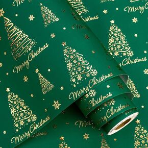 ورق تغليف أحمر Flyhill، تصميم أشجار عيد الميلاد من رقائق الذهب المعدني، غلاف هدايا احتفالية لعيد الميلاد، العطلات، الحفلات، الاحتفال (17 بوصة × 33 قدمًا) in Kuwait