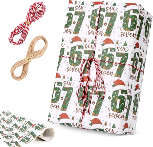 LHBMET 67 Christmas Wrapping Paper, 67 Christmas Ornament Meme Wrapping Paper, 6 7 Meme Funny Ornaments Teen Holiday Gift Wrap, Santa 6 7 Meme Xmas Gift Wrap（19 * 36IN+2 hemp ropes） (Green) in Saudi Arabia