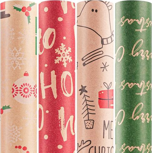 Happypapa Christmas Wrapping Paper, Kraft Xmas Wrapping Paper Rolls - Snowflakes, Reindeer, Gift and Merry Christmas Pattern - 4 Rolls - 17 Inch × 120 Inch Per Roll in Saudi Arabia