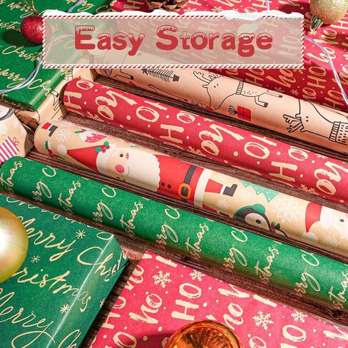 Happypapa Christmas Wrapping Paper, Kraft Xmas Wrapping Paper Rolls - Snowflakes, Reindeer, Gift and Merry Christmas Pattern - 4 Rolls - 17 Inch × 120 Inch Per Roll in Saudi Arabia