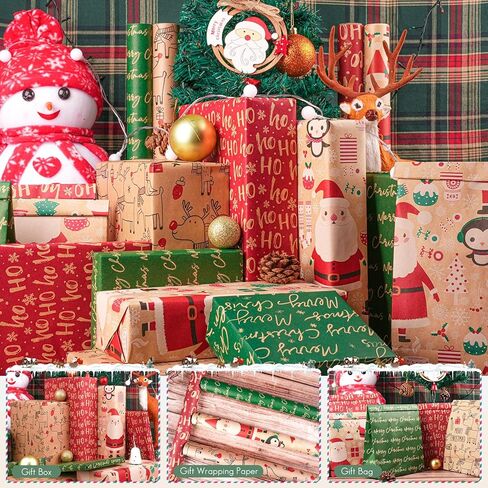 Happypapa Christmas Wrapping Paper, Kraft Xmas Wrapping Paper Rolls - Snowflakes, Reindeer, Gift and Merry Christmas Pattern - 4 Rolls - 17 Inch × 120 Inch Per Roll in Saudi Arabia