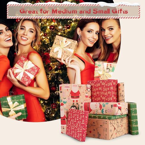 Happypapa Christmas Wrapping Paper, Kraft Xmas Wrapping Paper Rolls - Snowflakes, Reindeer, Gift and Merry Christmas Pattern - 4 Rolls - 17 Inch × 120 Inch Per Roll in Saudi Arabia