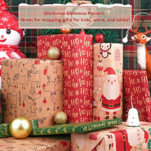 Happypapa Christmas Wrapping Paper, Kraft Xmas Wrapping Paper Rolls - Snowflakes, Reindeer, Gift and Merry Christmas Pattern - 4 Rolls - 17 Inch × 120 Inch Per Roll in Saudi Arabia