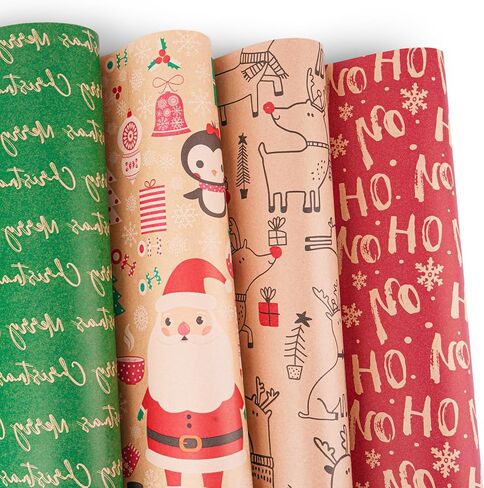 Happypapa Christmas Wrapping Paper, Kraft Xmas Wrapping Paper Rolls - Snowflakes, Reindeer, Gift and Merry Christmas Pattern - 4 Rolls - 17 Inch × 120 Inch Per Roll in Saudi Arabia