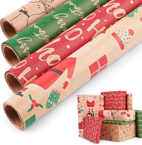 Happypapa Christmas Wrapping Paper, Kraft Xmas Wrapping Paper Rolls - Snowflakes, Reindeer, Gift and Merry Christmas Pattern - 4 Rolls - 17 Inch × 120 Inch Per Roll in Saudi Arabia