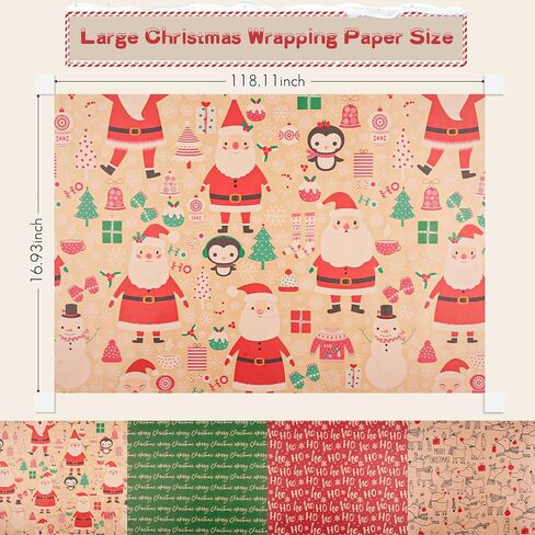 Happypapa Christmas Wrapping Paper, Kraft Xmas Wrapping Paper Rolls - Snowflakes, Reindeer, Gift and Merry Christmas Pattern - 4 Rolls - 17 Inch × 120 Inch Per Roll in Saudi Arabia